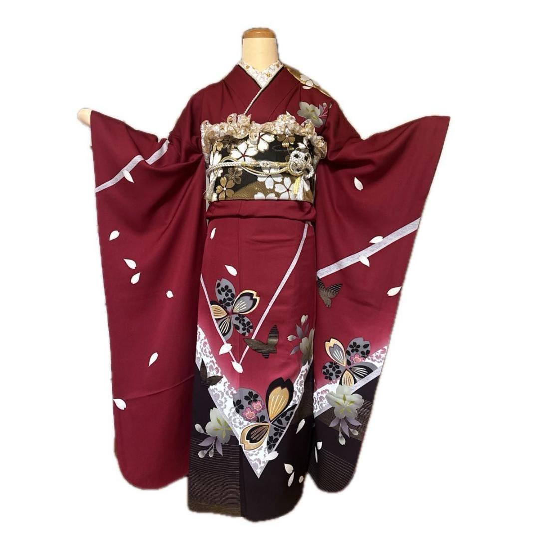 えんじ×こげ茶♡蝶×桜レトロモダン♡振袖フルセット　成人式