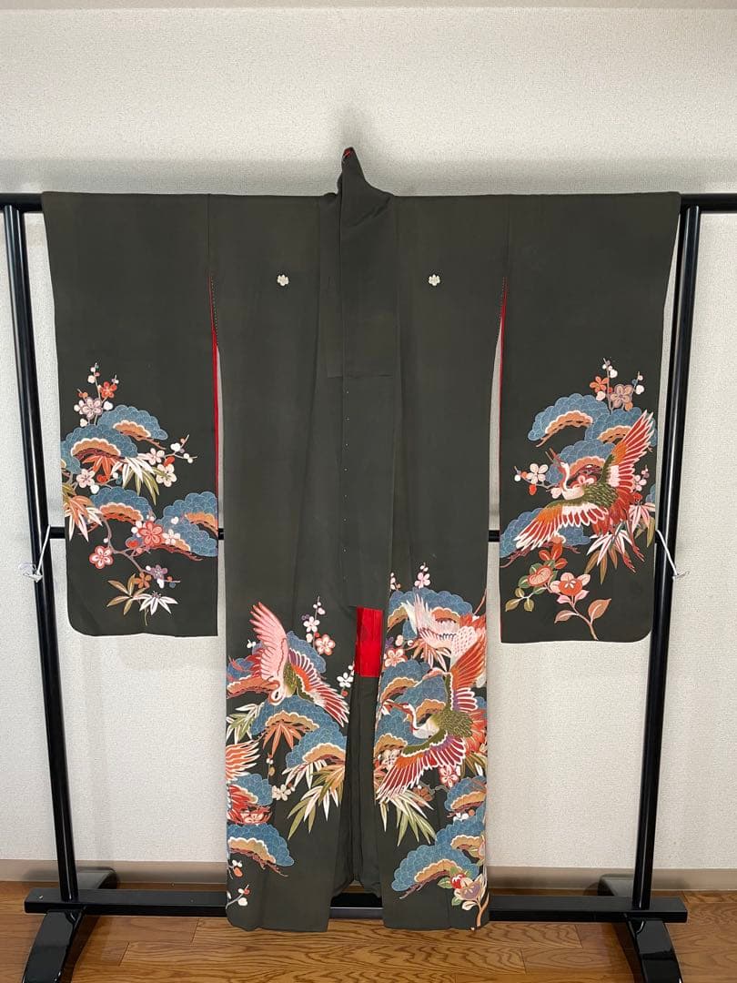 アンティーク　着物　振袖　古典柄　花柄　松　家紋　大正ロマン　RT4