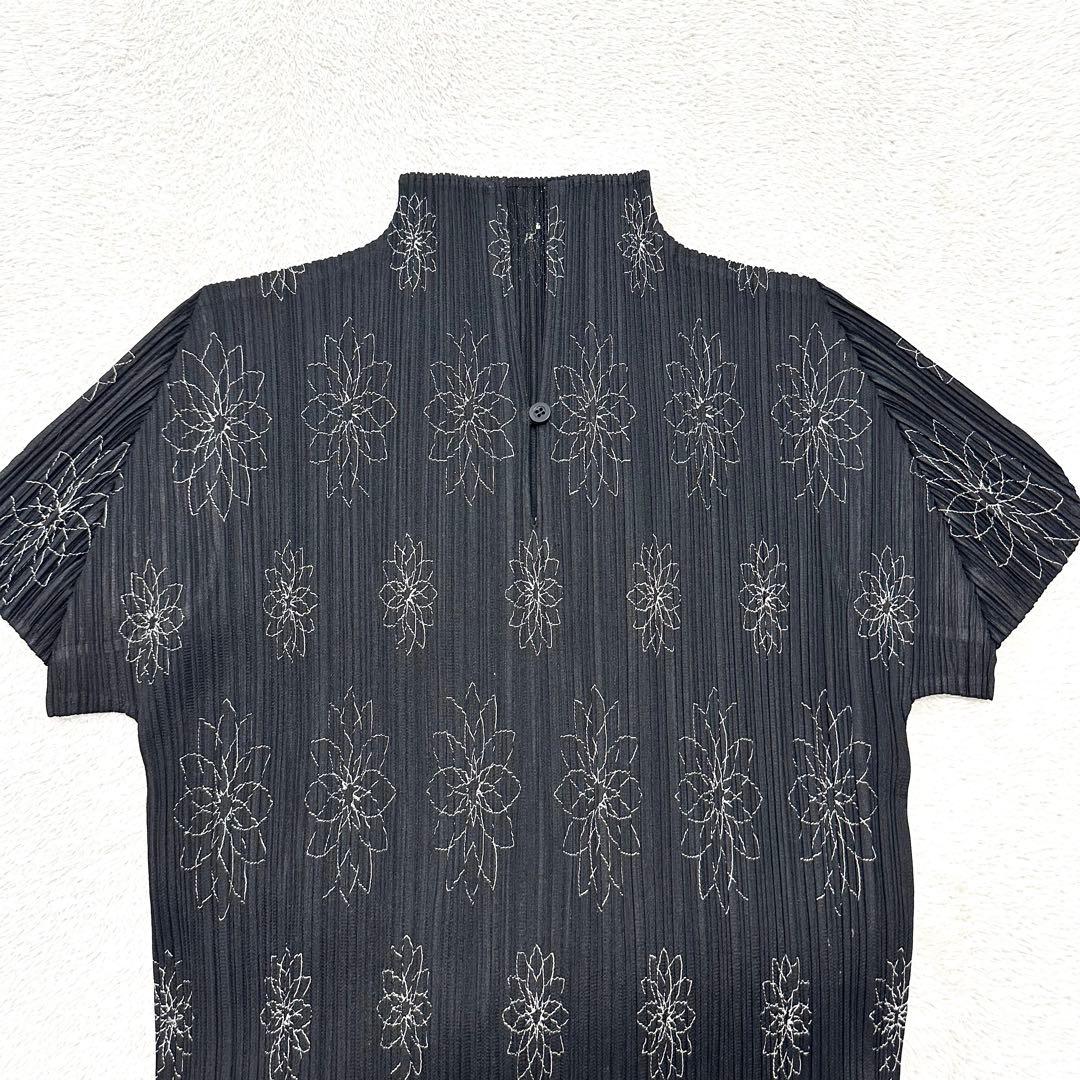 美品 PLEATS PLEASE 花柄 刺繍 ハイネック カットソー 黒 3