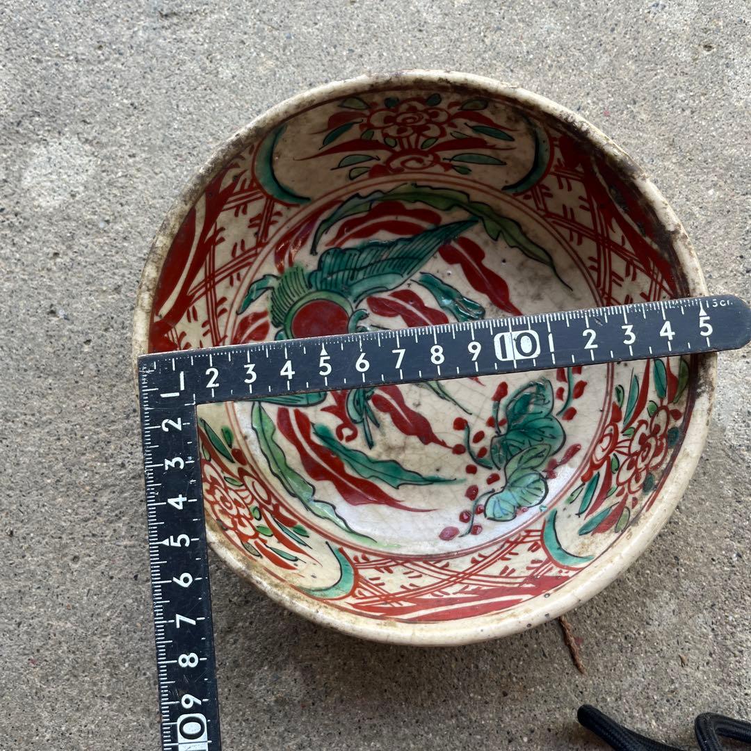 骨董　古犬山焼　赤絵　菓子器　赤玉　なます皿　江戸後期　金継ぎ
