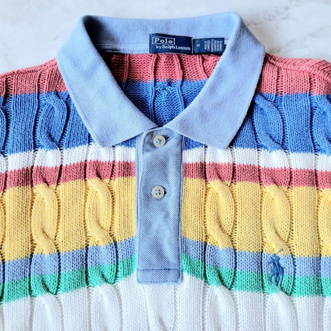 ポロ ラルフ ローレン ケーブルニット コットン ロングスリーブ ポロシャツ　M