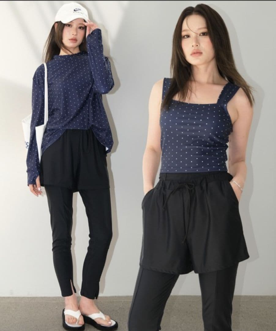 オシャレボ ネイビー ドット柄 水着・ラッシュガードセット Lサイズ