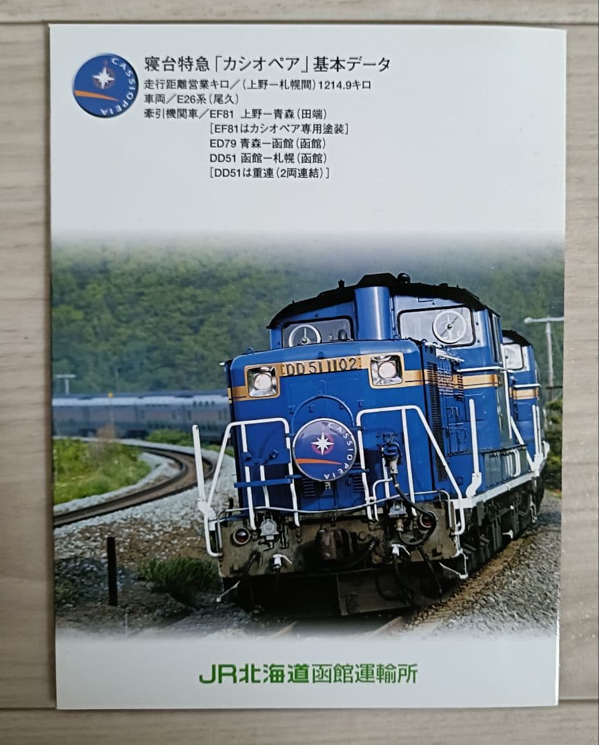 寝台特急カシオペア 乗車記念オレンジカード JR北海道 函館運輸所