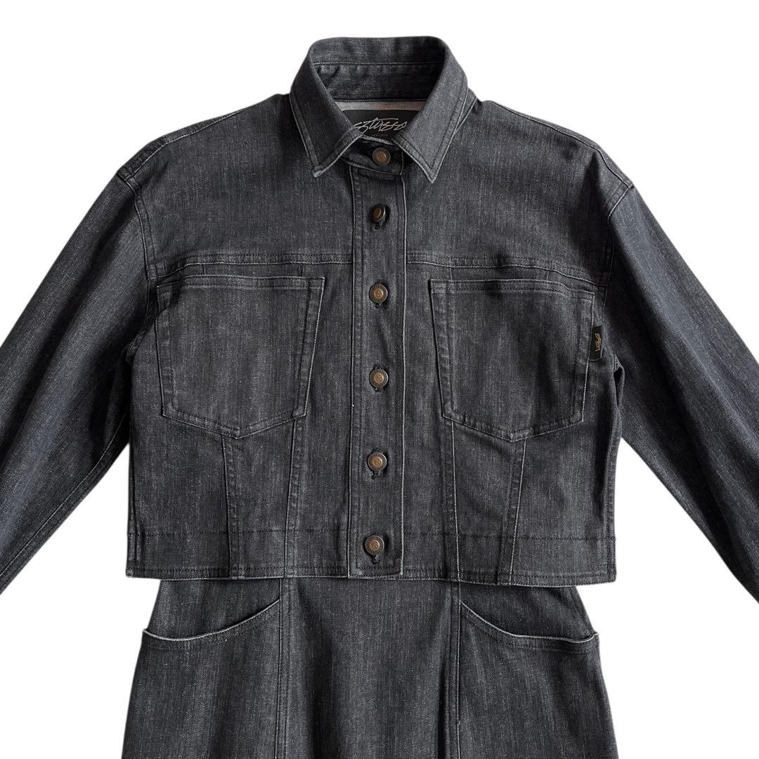 STUSSY ワールドツアー デニムワンピース S ブラック ストレッチ ロゴ