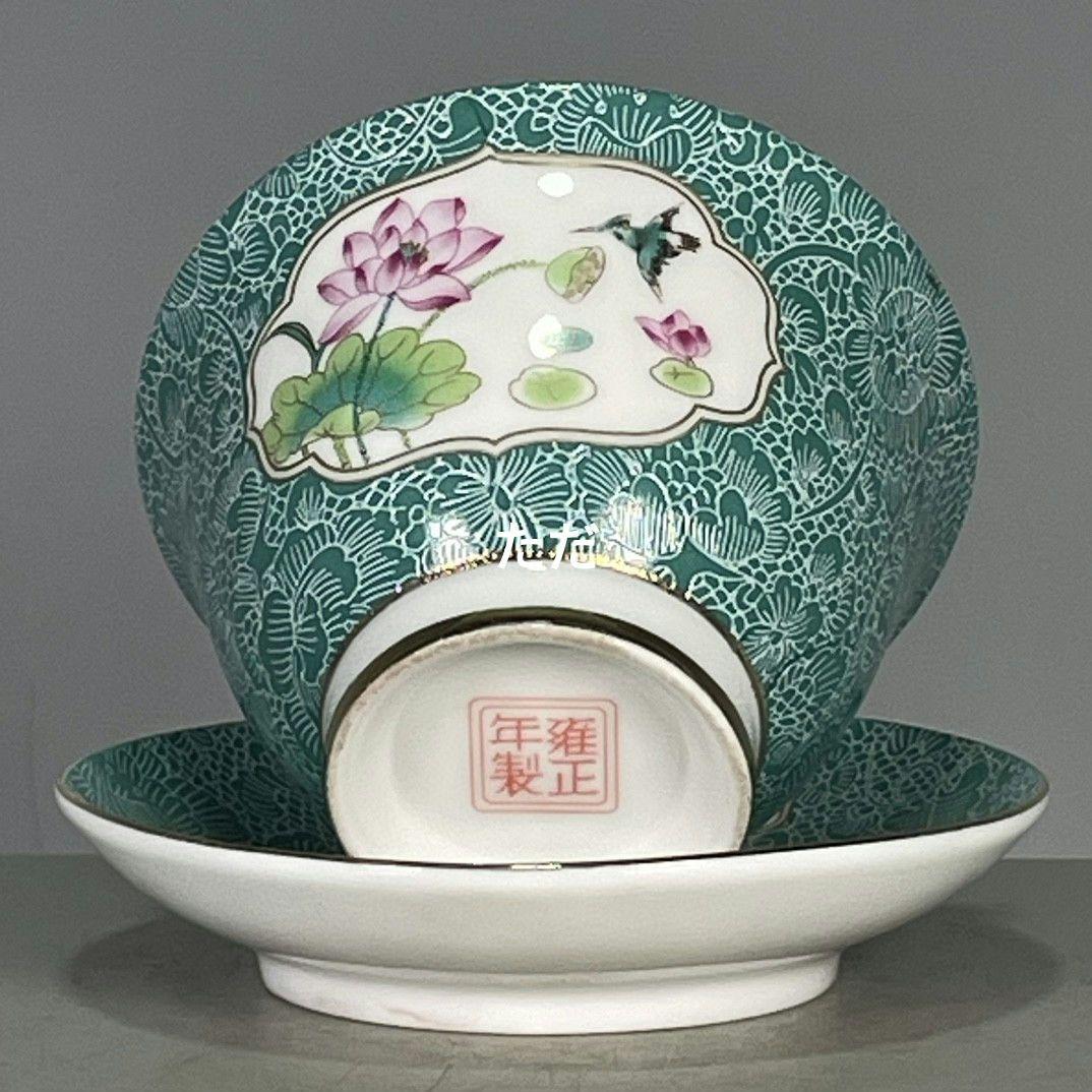 エナメル彩荷模様三才蓋碗 中国茶器景徳镇 蓋付き茶器 飲茶食器 煎茶具 未使用品