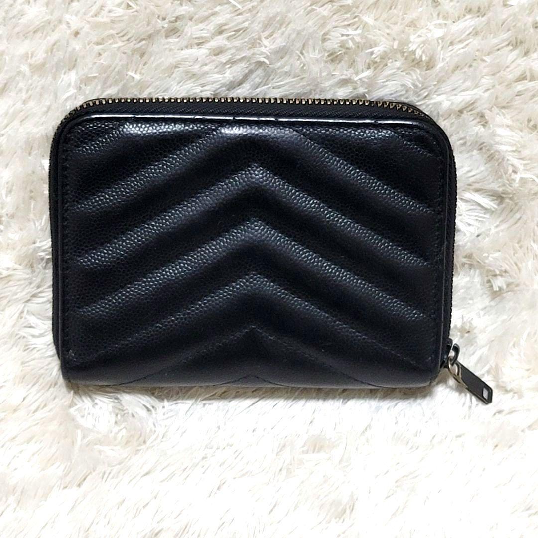 極美品 サンローラン YSL Vステッチ 二つ折り財布 キャビアスキン 黒