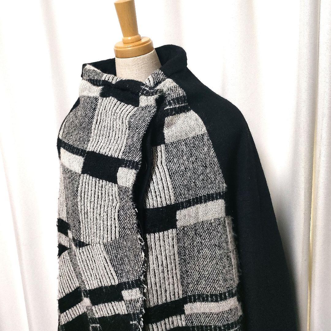 【美品】萌 萠 もゆる 変形 チェック ウールコート 切りっぱなし