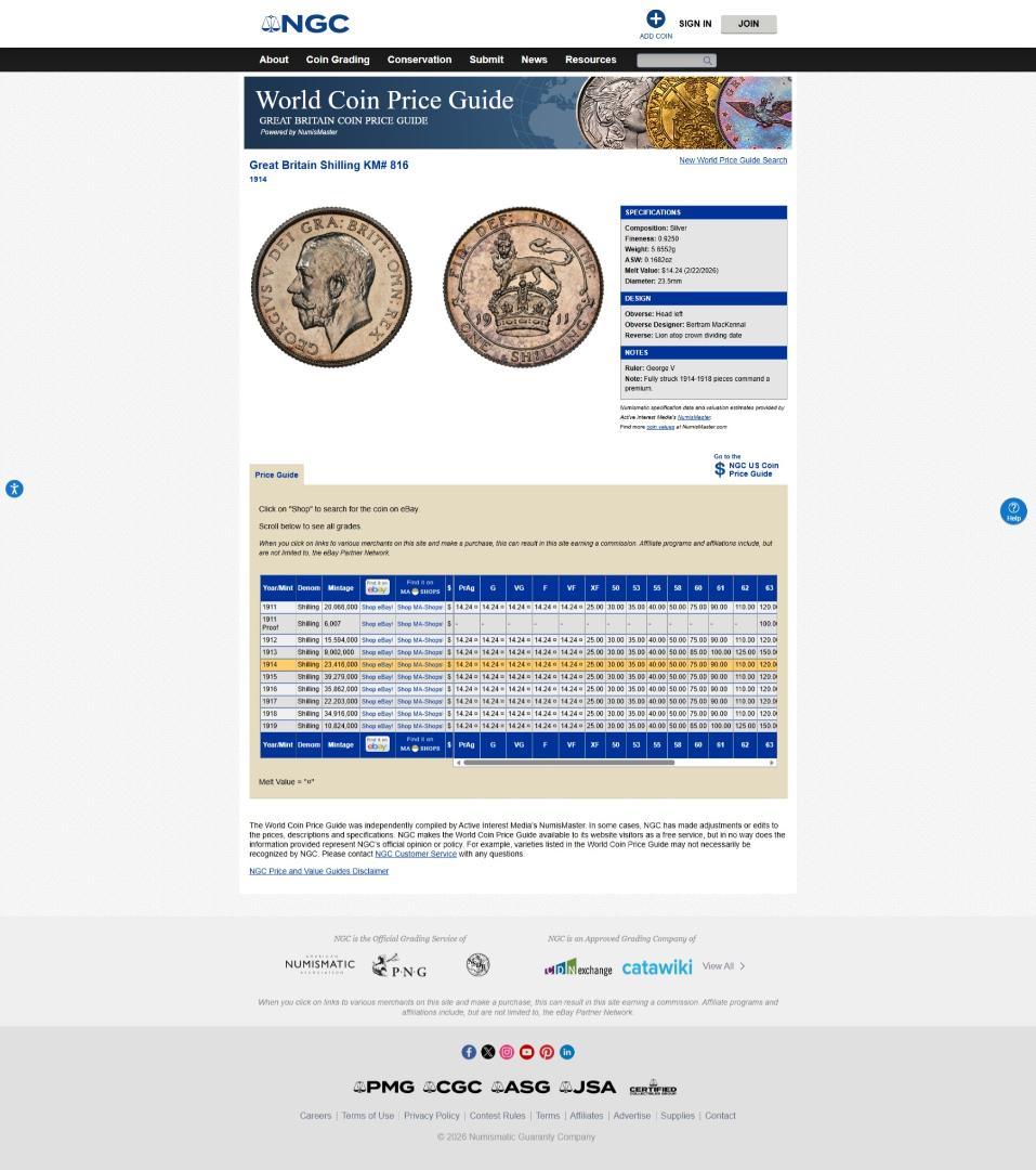 NGC-AU58 イギリス　ジョージ5世 1914　銀貨