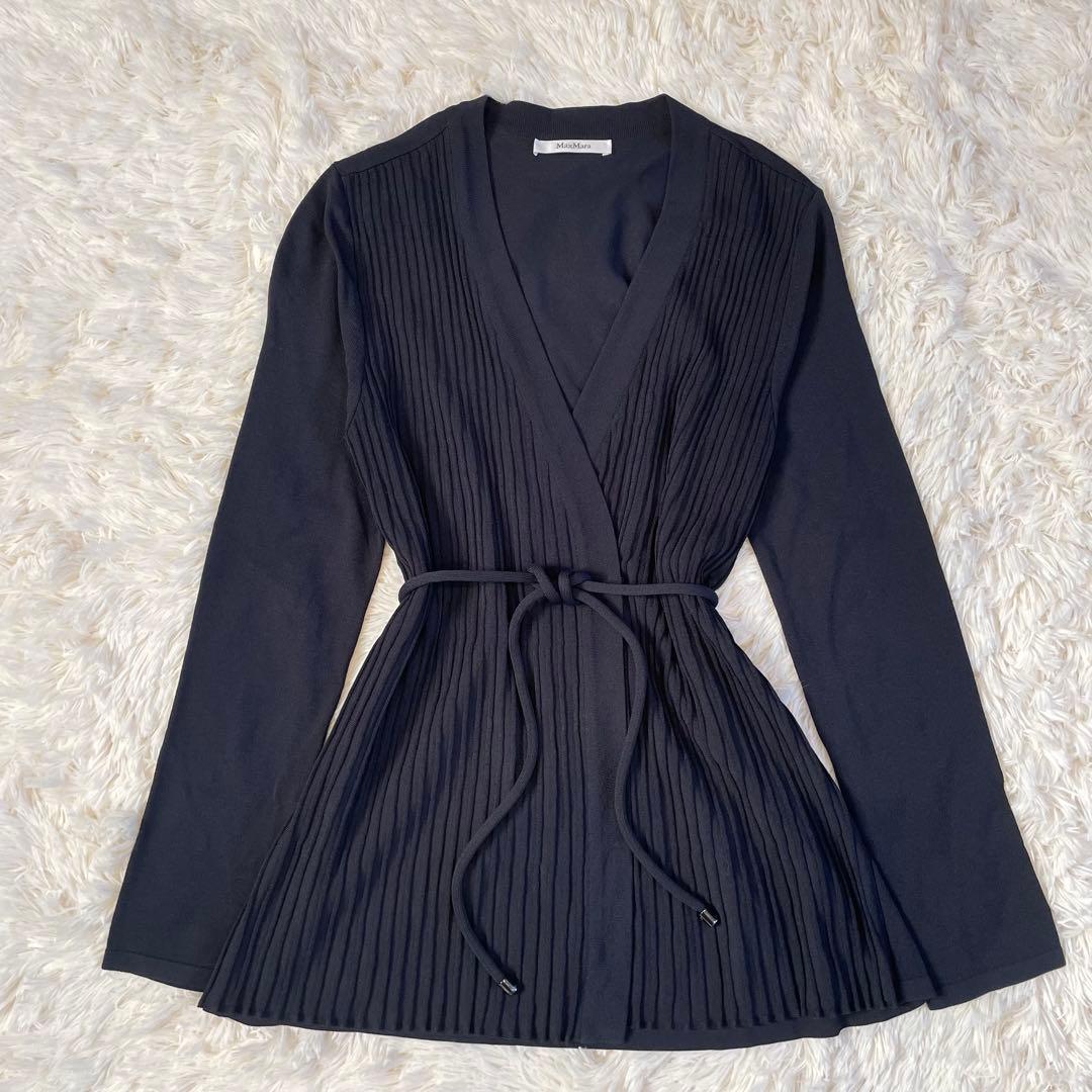 美品 MaxMara プリーツ切替 ロングカーディガン ダークネイビー M相当