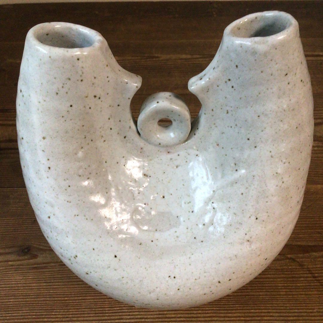No4101 粉引二口花瓶　MARKUS japan印　木箱付　陶磁器　送料無料