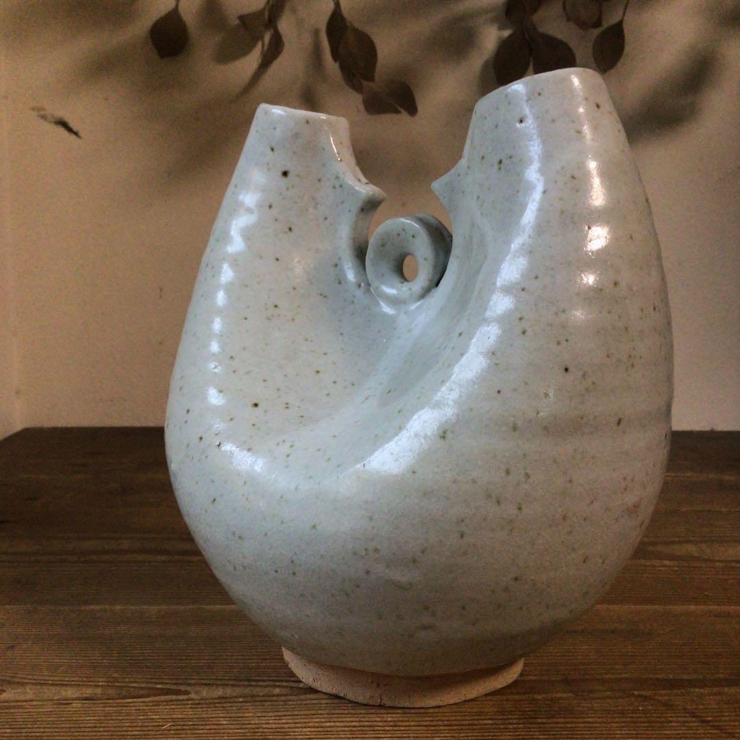 No4101 粉引二口花瓶　MARKUS japan印　木箱付　陶磁器　送料無料