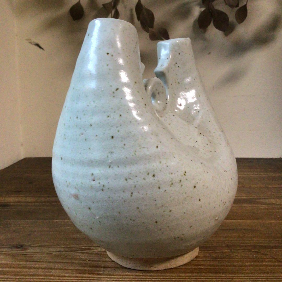 No4101 粉引二口花瓶　MARKUS japan印　木箱付　陶磁器　送料無料