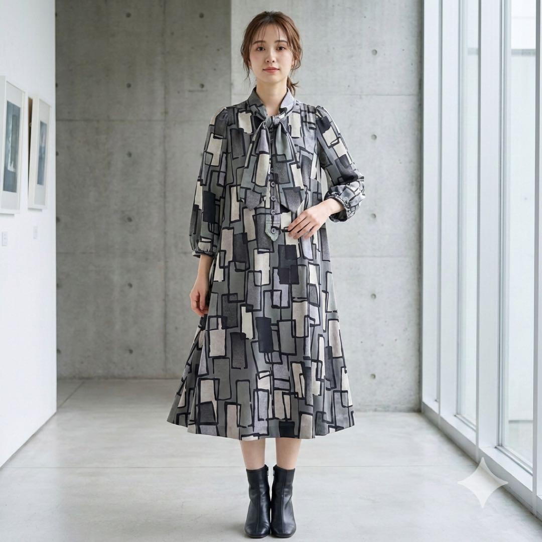 ADORE アドーア 幾何学 ボウタイワンピース パフスリーブ 38