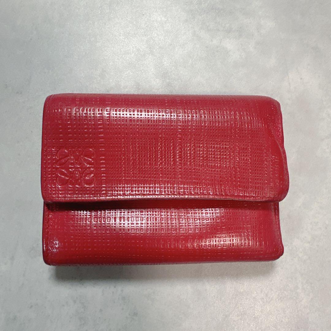 LOEWE ロエベ リネン アナグラム ３つ折り財布 レザー 赤 ウォレット