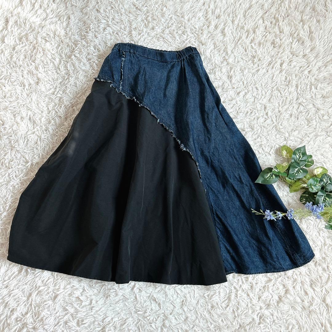 美品⁂センソユニコ⁂メフウ⁂ロングスカート　デニム切り替　フレア　アシメ　M