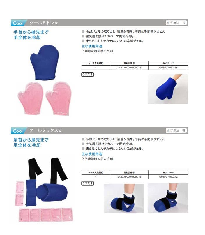 クールミトンα とクールソックスα 抗がん剤手足冷却