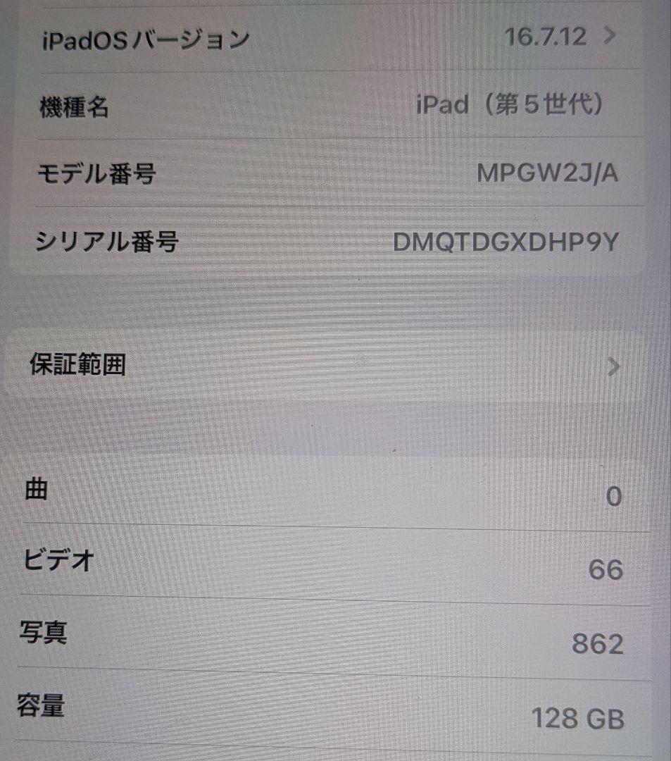 【iPad 第5世代】128GB　MPGW2J/A　A1822　充電器付き