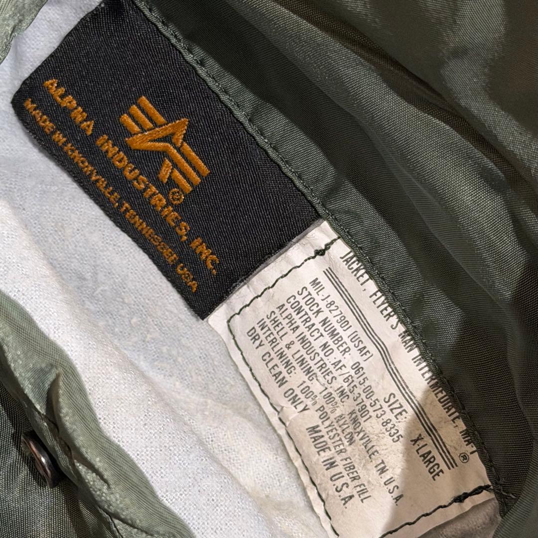 90s　アルファ　MA-1　USA製　セージグリーン　ロゴ　リバーシブル　XL