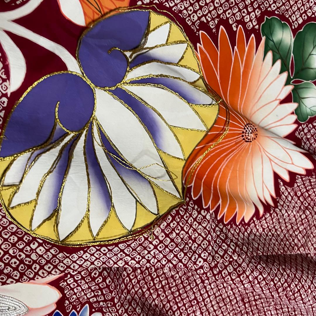 正絹 アンティーク着物 振袖 疋田柄に金駒刺繍