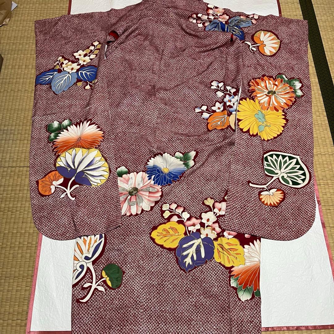 正絹 アンティーク着物 振袖 疋田柄に金駒刺繍