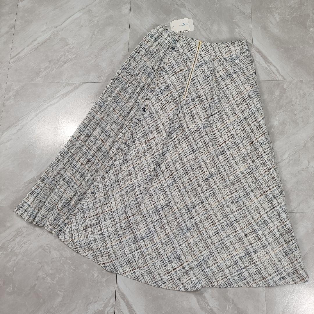 【新品】ビアッジョブルー ツイード ロングフレアスカート プリーツ フリンジ M