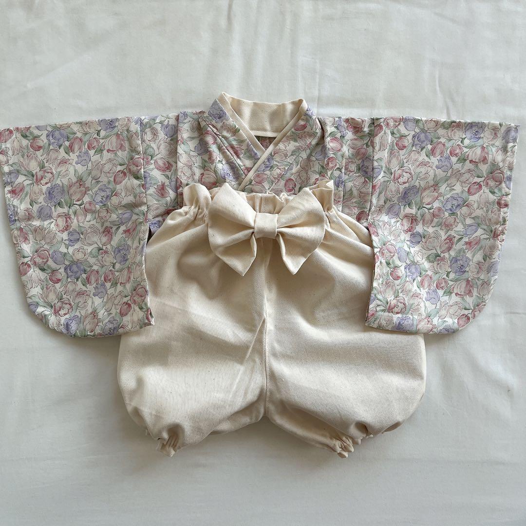 【＊＊＊】ベビー袴　ハンドメイド　チューリップ×生成り