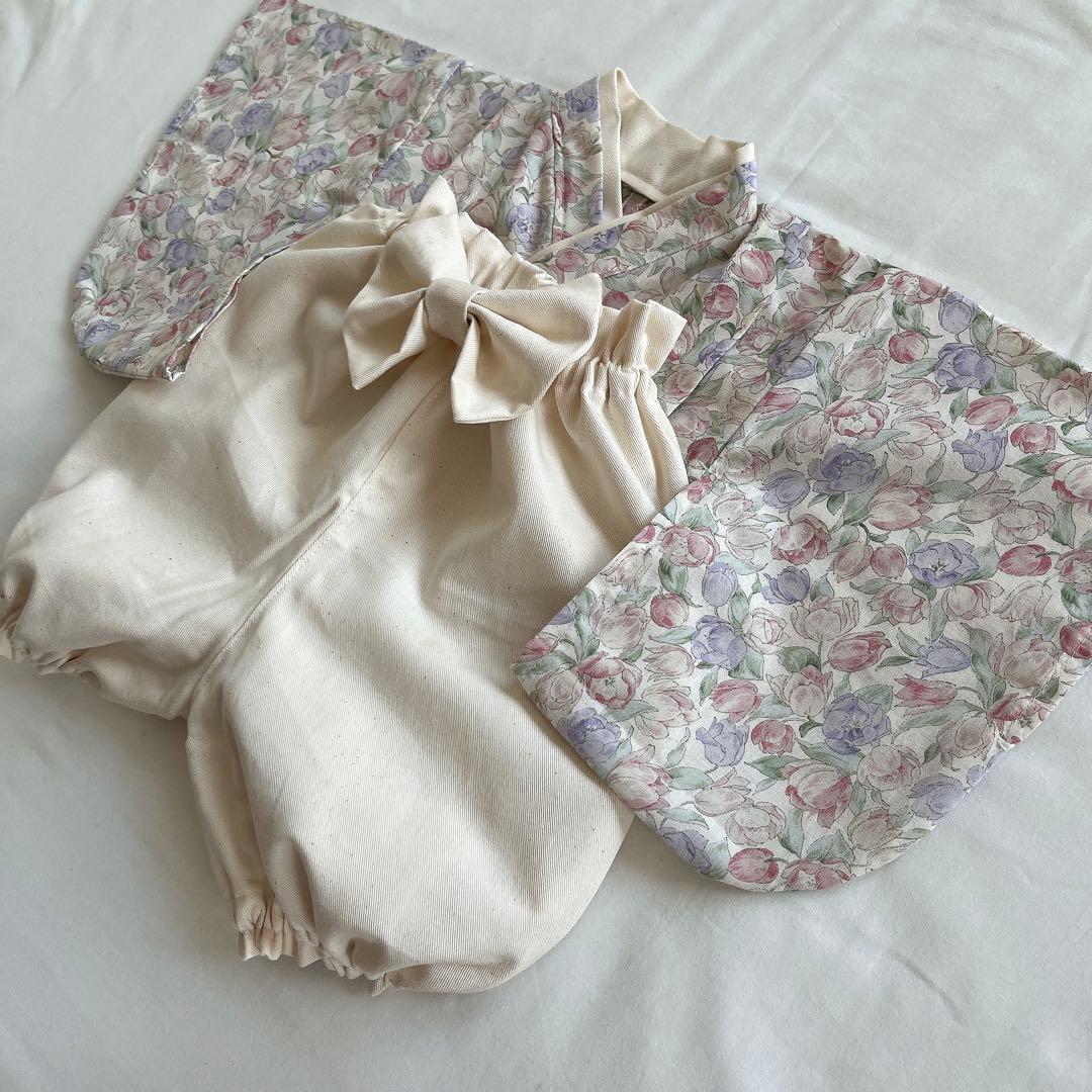【＊＊＊】ベビー袴　ハンドメイド　チューリップ×生成り