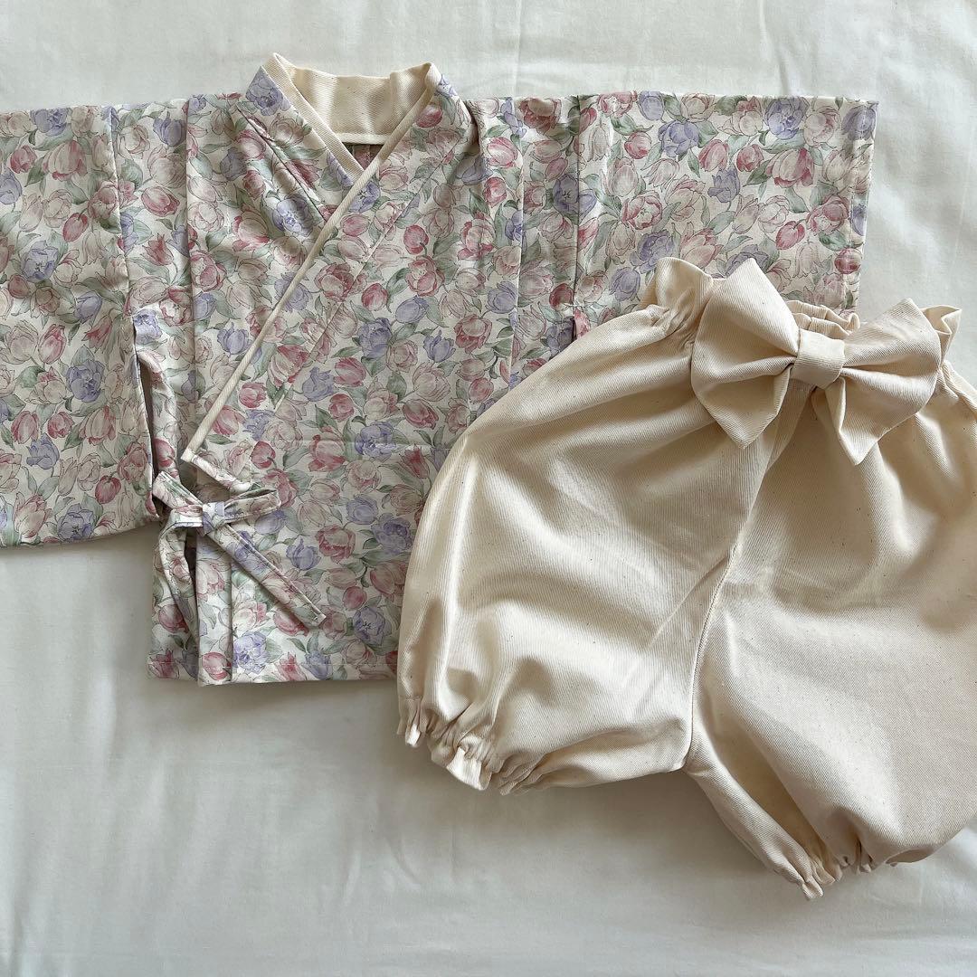 【＊＊＊】ベビー袴　ハンドメイド　チューリップ×生成り