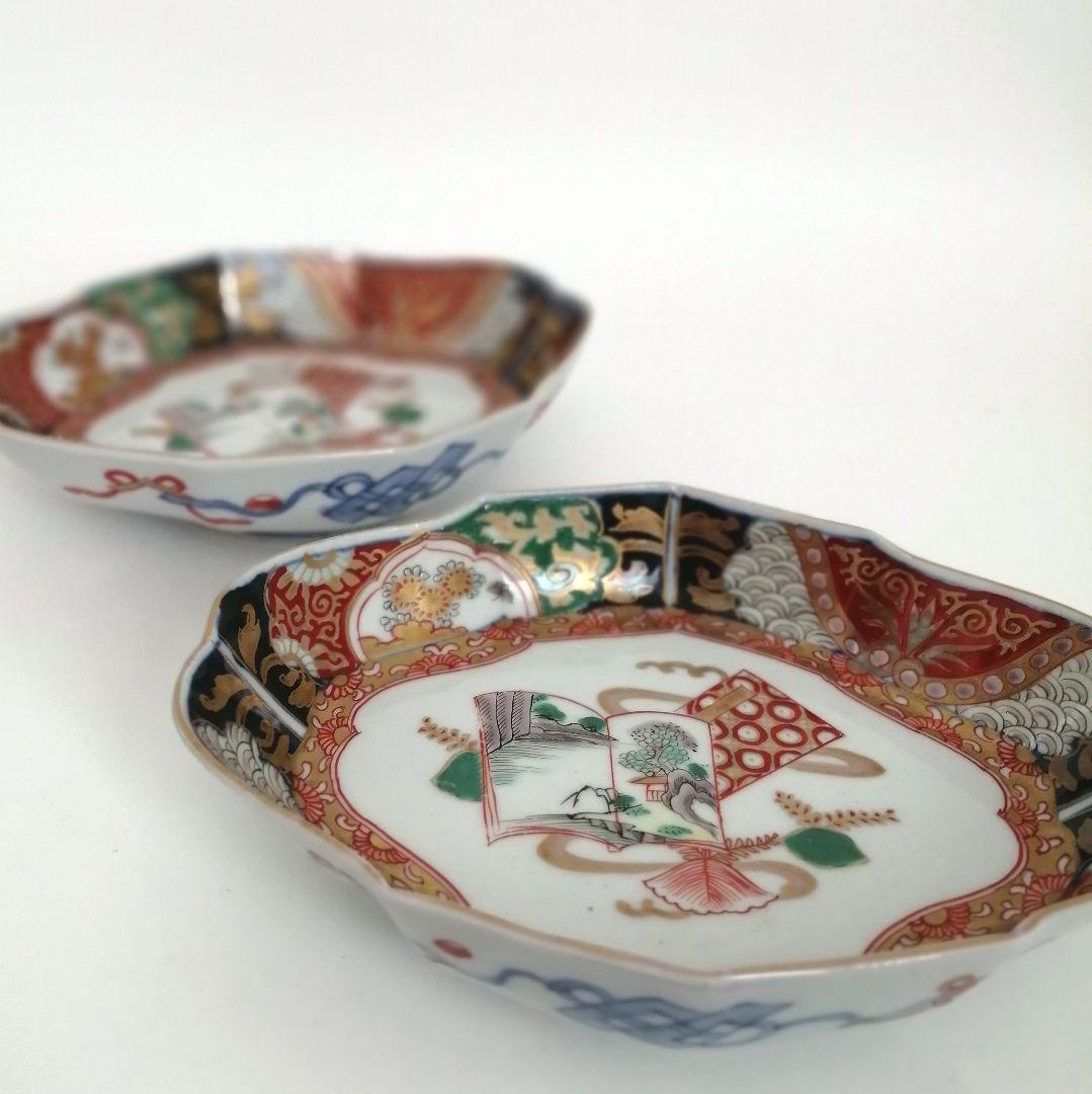 明治時代　色絵金彩　和本窓絵に梧桐図　菱形皿　２客