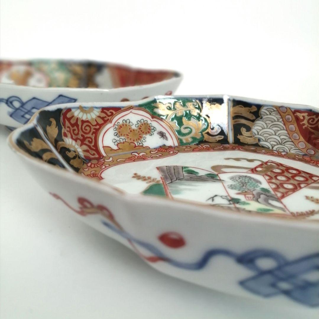 明治時代　色絵金彩　和本窓絵に梧桐図　菱形皿　２客