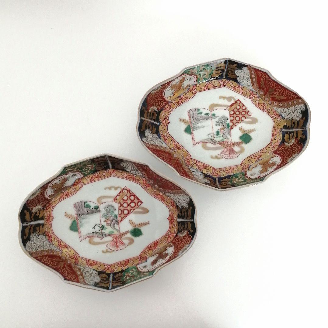 明治時代　色絵金彩　和本窓絵に梧桐図　菱形皿　２客