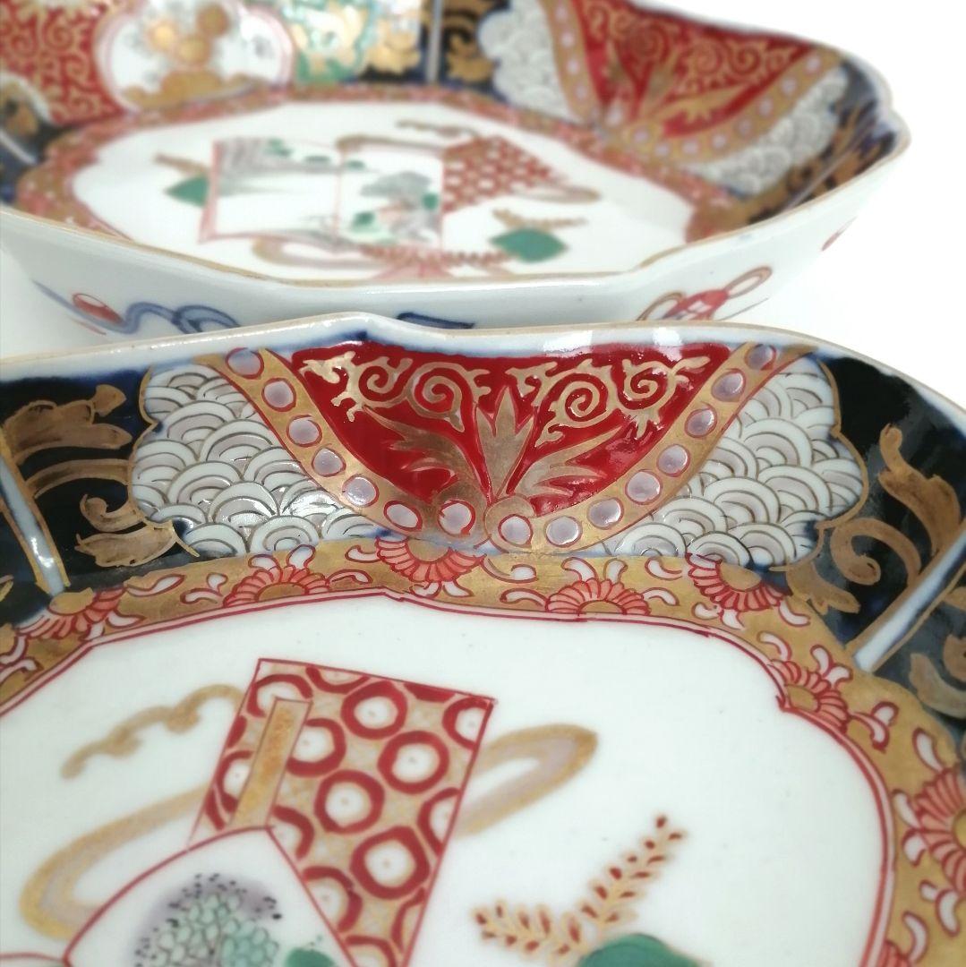 明治時代　色絵金彩　和本窓絵に梧桐図　菱形皿　２客