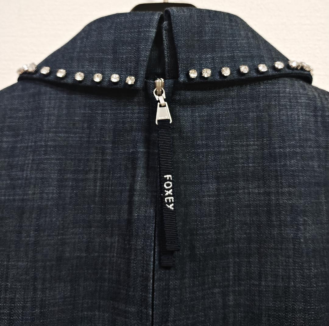 極美品 FOXEYフォクシー 3way 白襟 ビジュー襟 デニム ワンピース38