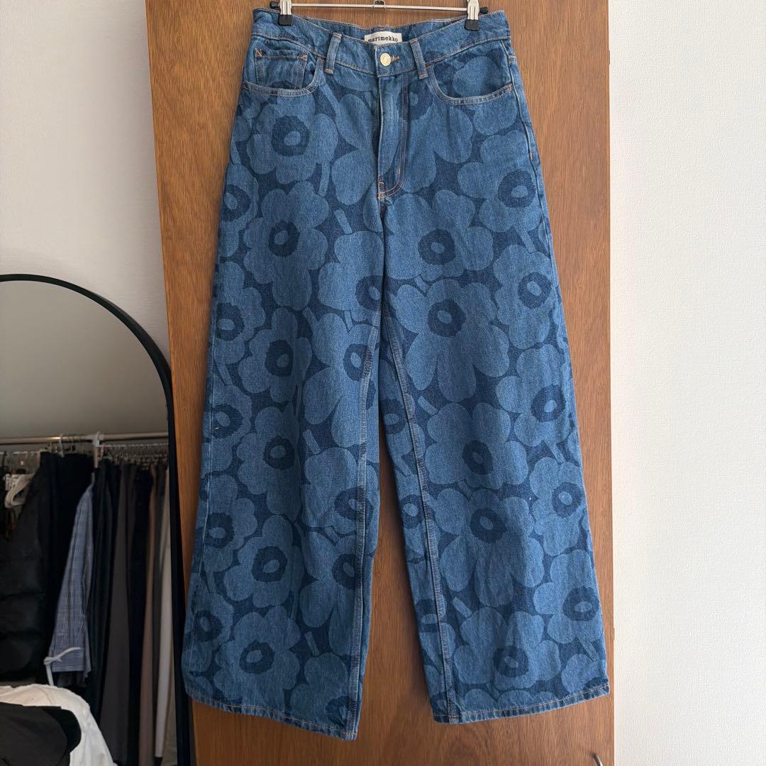 marimekko フラワーパターン ワイドデニム　25