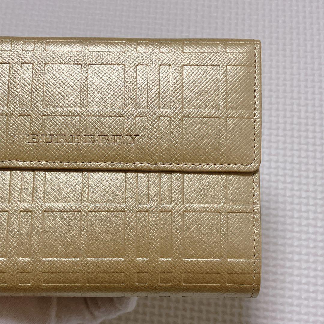 未使用　BURBERRY バーバリー　レザーがま口三つ折り財布　ゴールド