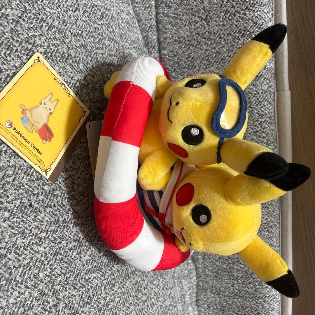 絶版マンスリーペアピカチュウ ぬいぐるみ 浮き輪付き7月 タグ付き