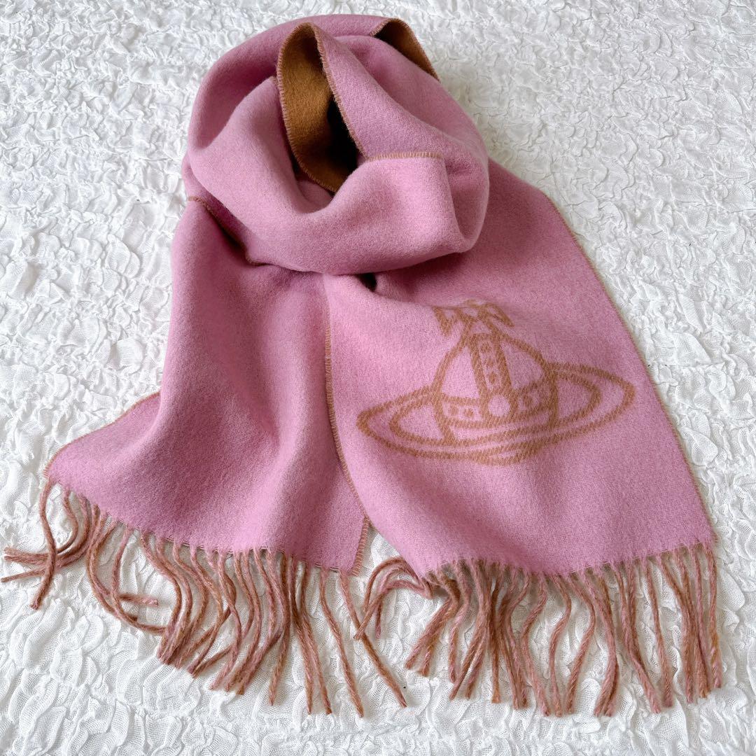 【美品】Vivienne Westwood オーブ柄 ウールマフラー イ ピンク