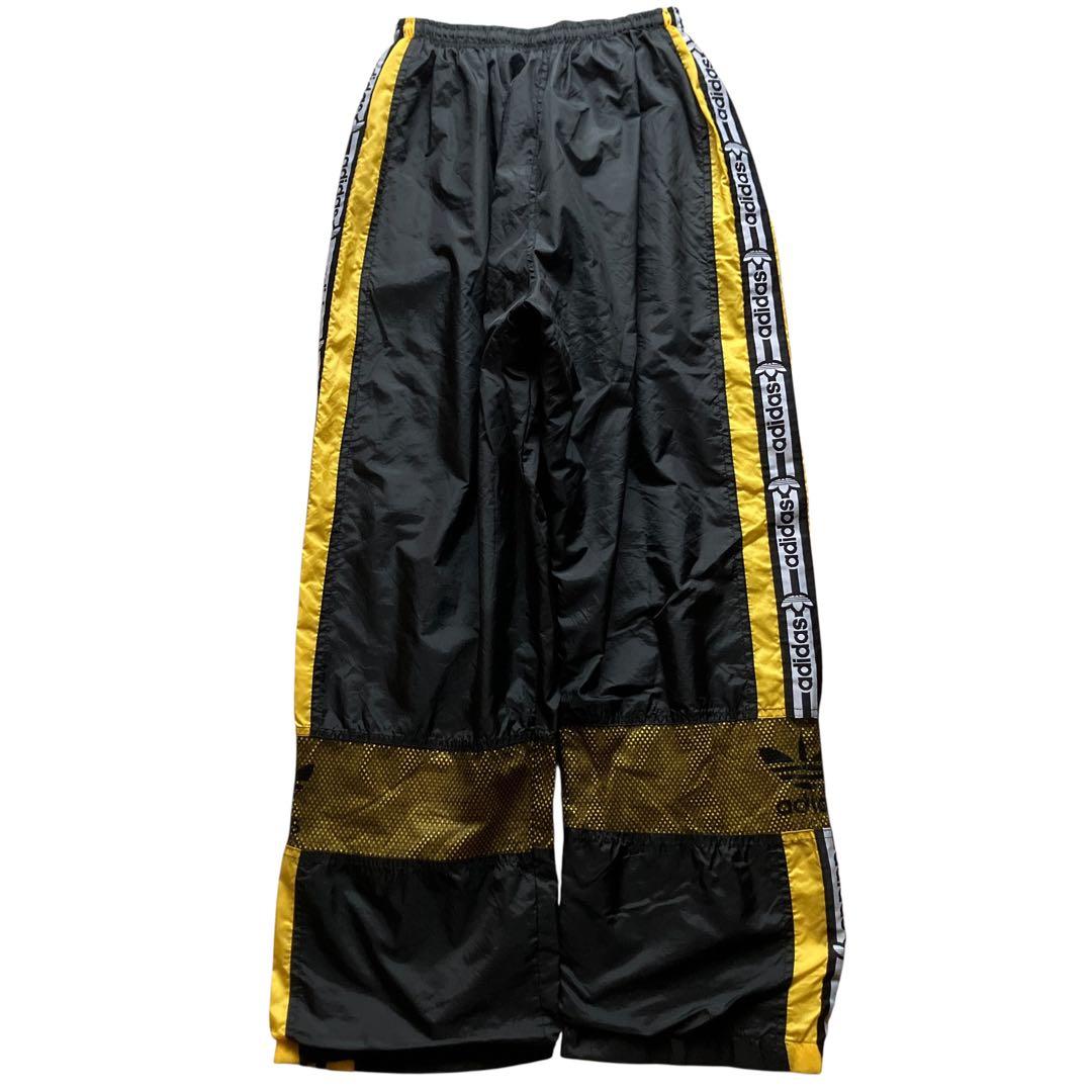 極太90s old adidas バギーナイロントラックパンツ ロゴテープ 黒