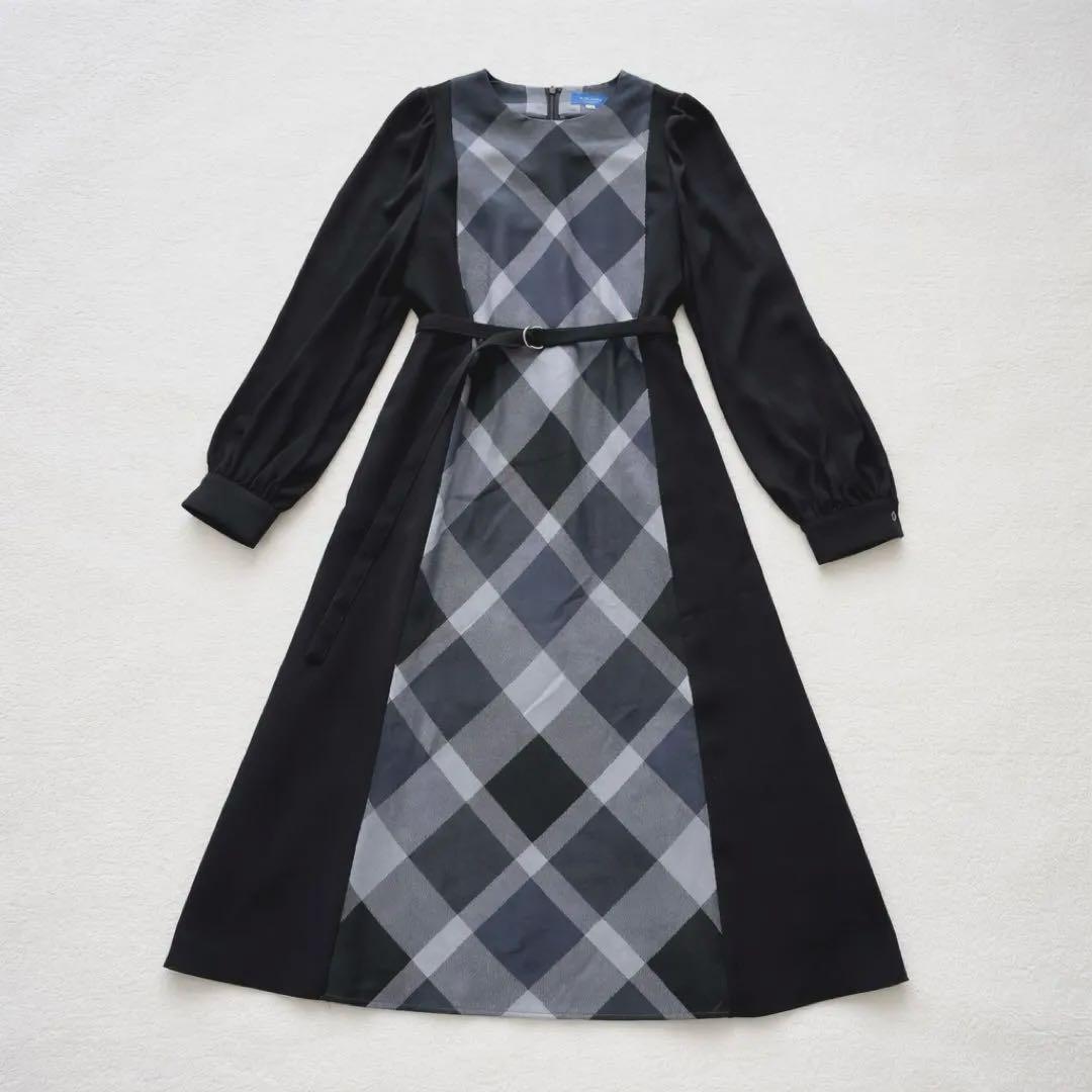 美品 BLUE LABEL スムージーサテンパーシャルチェックドレス M
