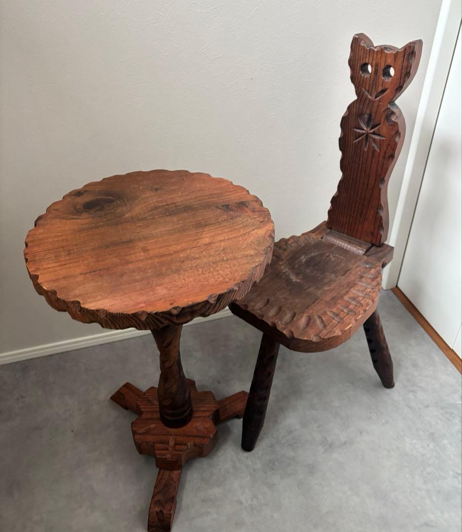 スペイン製 テーブル チェア セット 猫 木彫