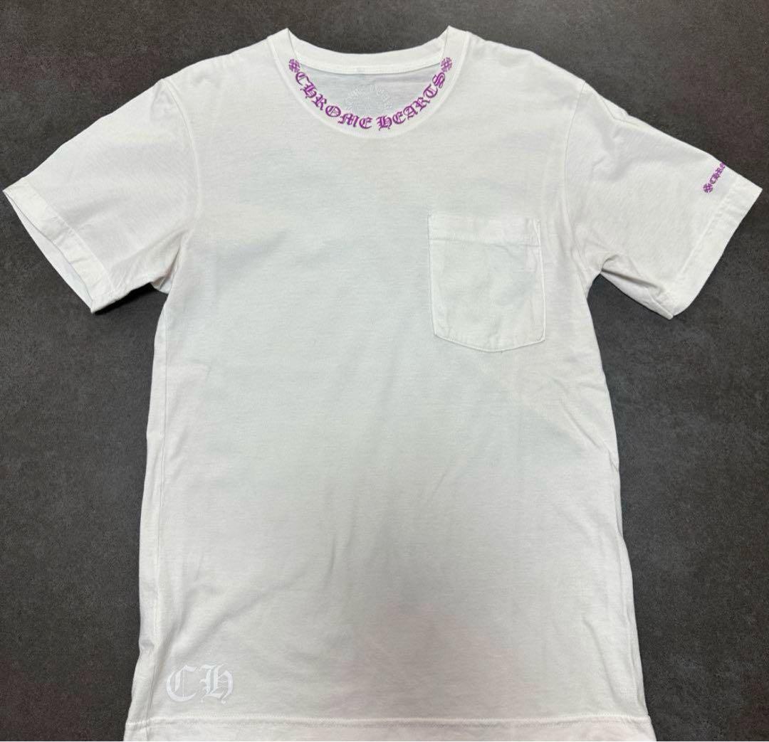 【中古】クロムハーツ ネックロゴプリント Tシャツ S 白 パープルロゴ