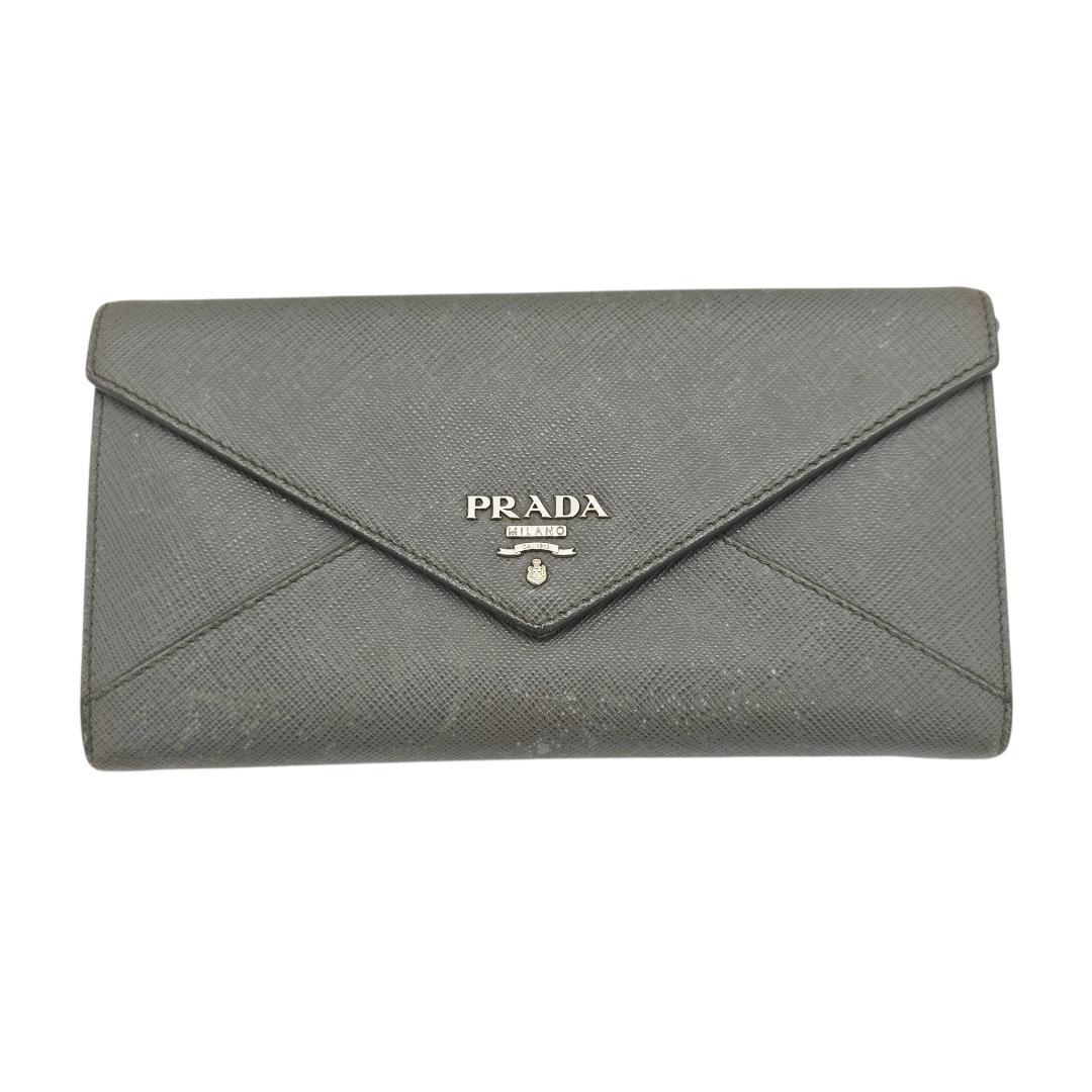 箱あり★PRADA パスケース付き サフィアーノレザー 2つ折り 長財布 グレー