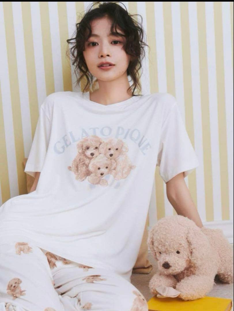 新品ジェラートピケトイプードルワンポイントTシャツ、ロングパンツ上下セット
