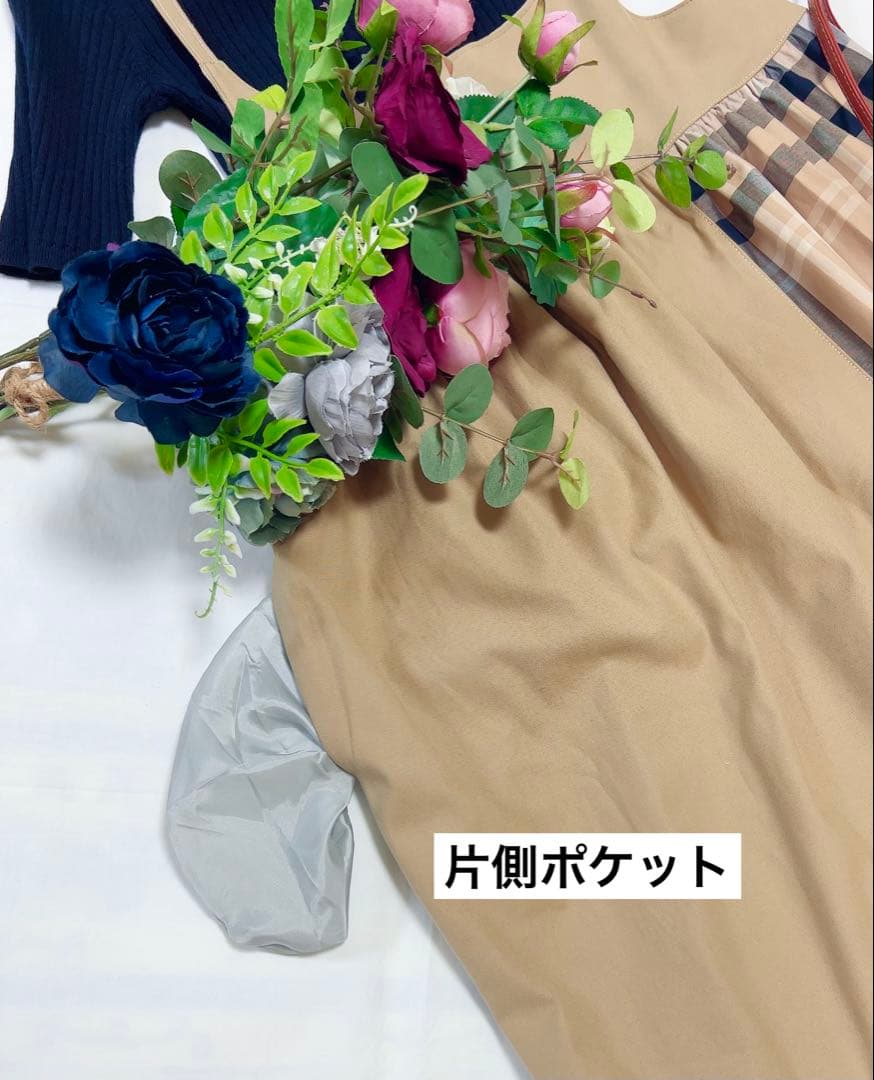 handmade母娘リンクコーデ♡ベージュ系大格子xベージュ無地♡親子お揃い