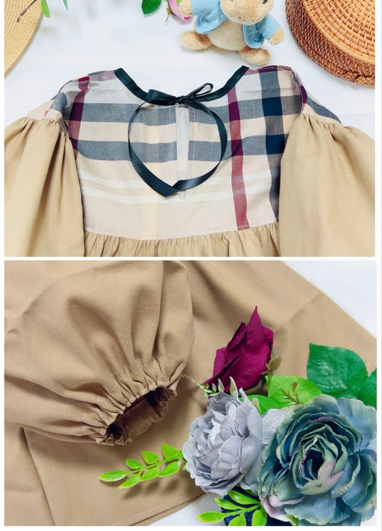 handmade母娘リンクコーデ♡ベージュ系大格子xベージュ無地♡親子お揃い