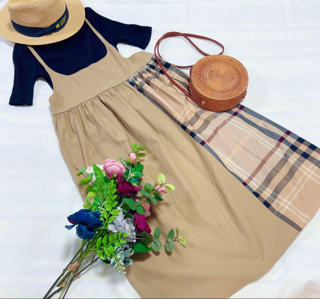 handmade母娘リンクコーデ♡ベージュ系大格子xベージュ無地♡親子お揃い