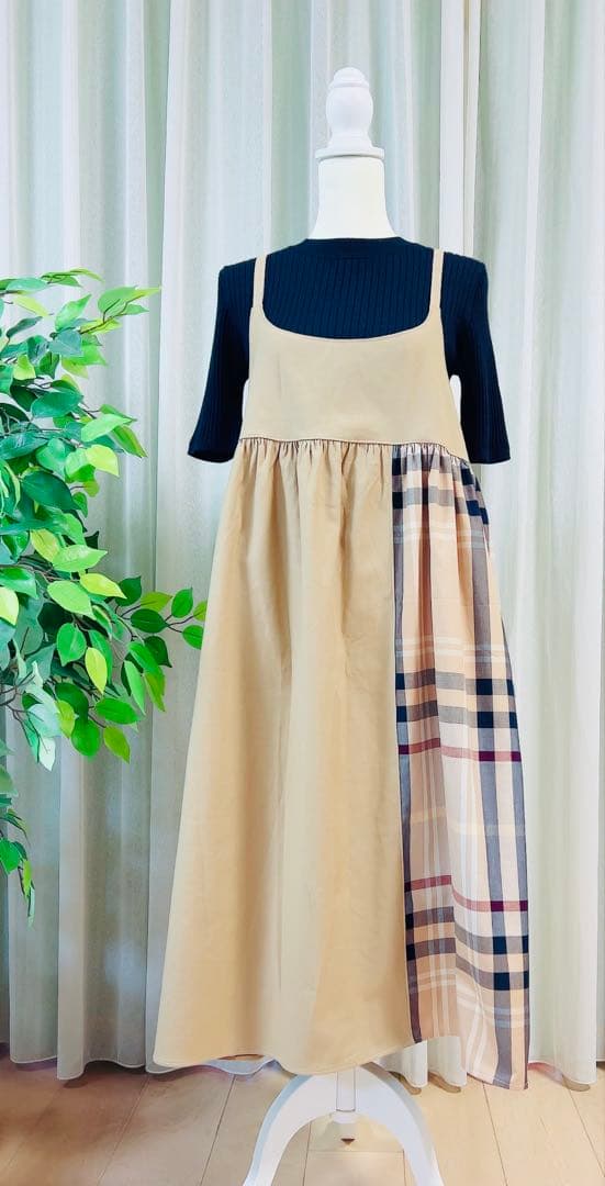 handmade母娘リンクコーデ♡ベージュ系大格子xベージュ無地♡親子お揃い