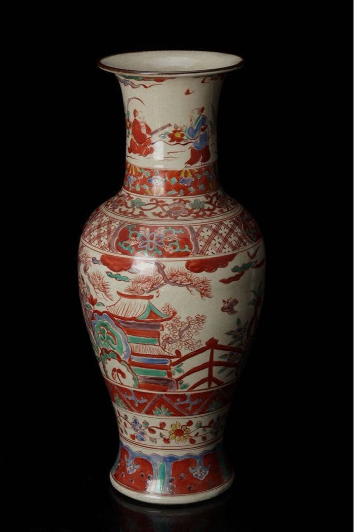 大明宣徳年製 中国美術 赤絵粉彩人物文花瓶 華道具 花入 花器 壺 飾壺