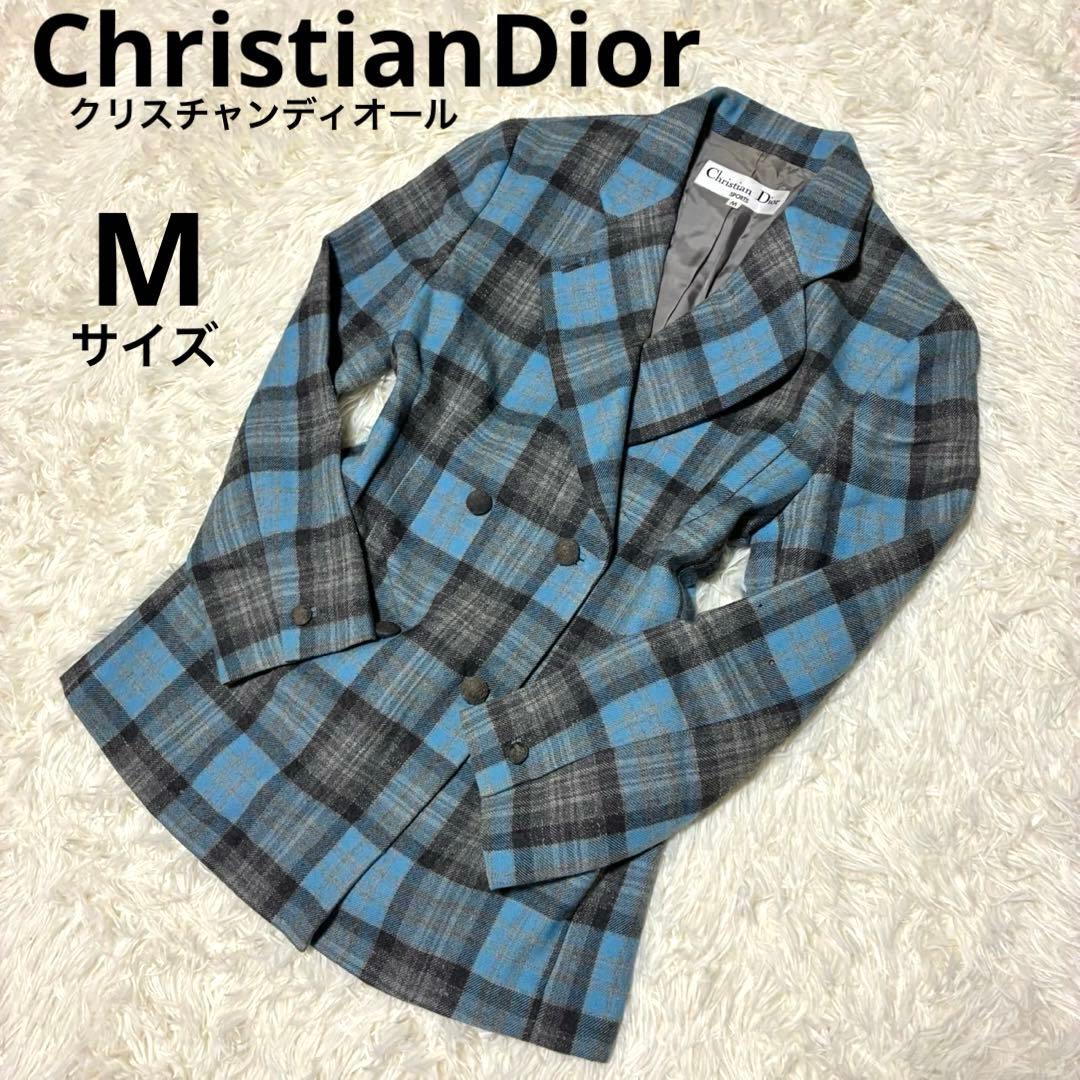ChristianDior テーラードジャケット　チェック柄　ブルー系　ウール