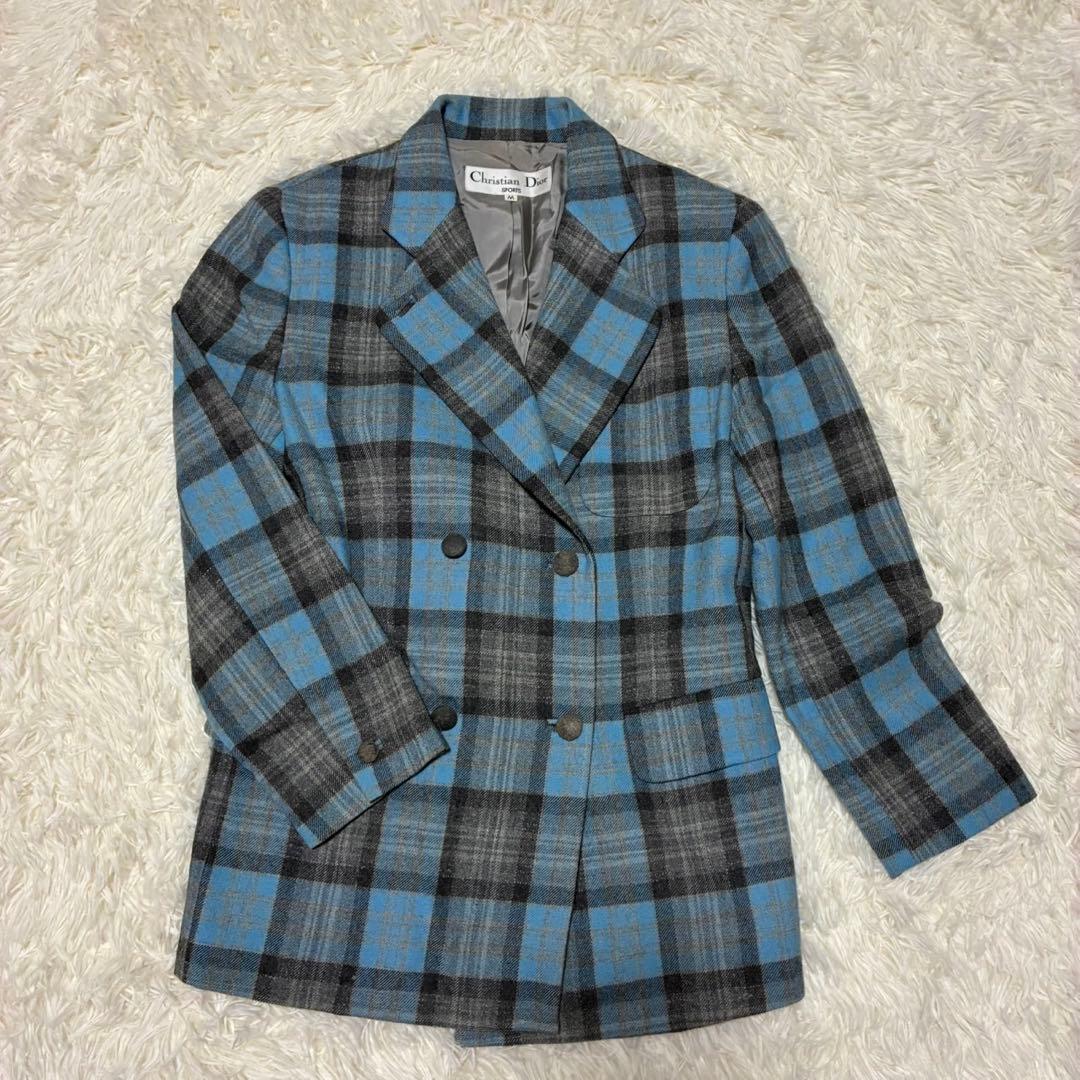ChristianDior テーラードジャケット　チェック柄　ブルー系　ウール